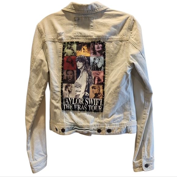 Custom Taylor Swift Eras Tour Upcycled Blue Denim Jean Jacket Beaded Size Medium - Picture 1 of 6